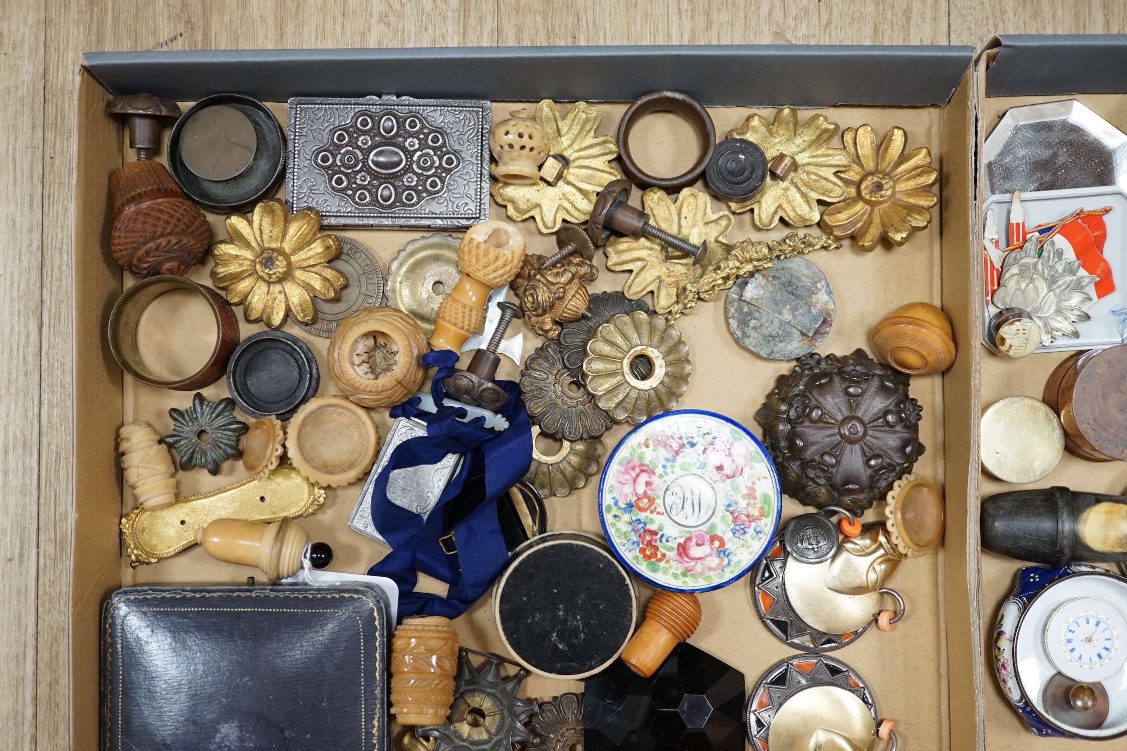 A collection of coquilla nut containers, various metal mounts, wooden and metal trinket boxes, mixed collectibles and jewellery